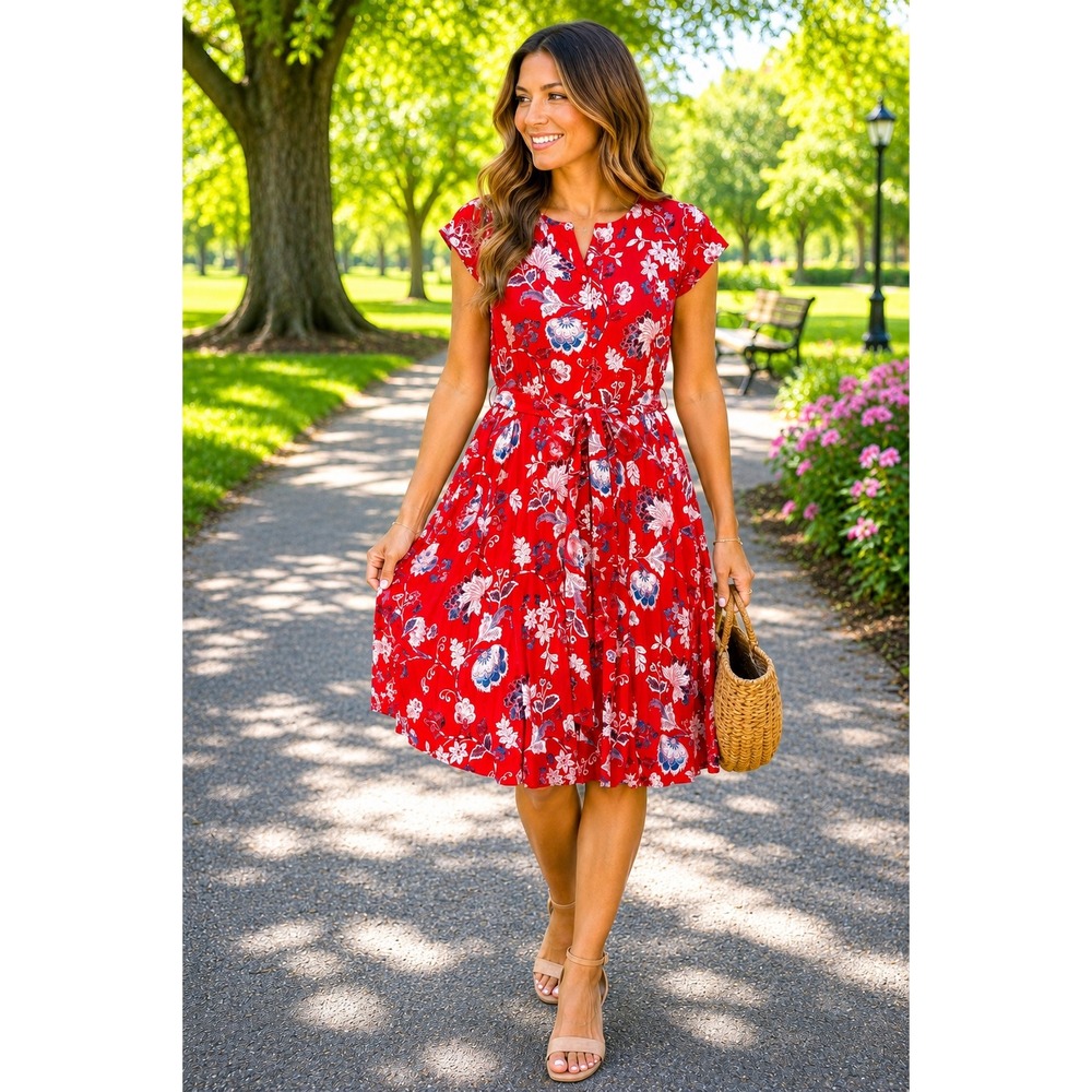 Talbots Red Floral Fit and Flare Dress Short Sleeve V-Neck Plus Petite 14 PW